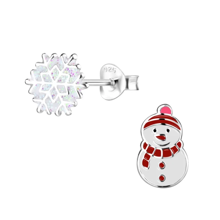 Schneemann Emaille Kinderohrringe in Silber - Little Ones