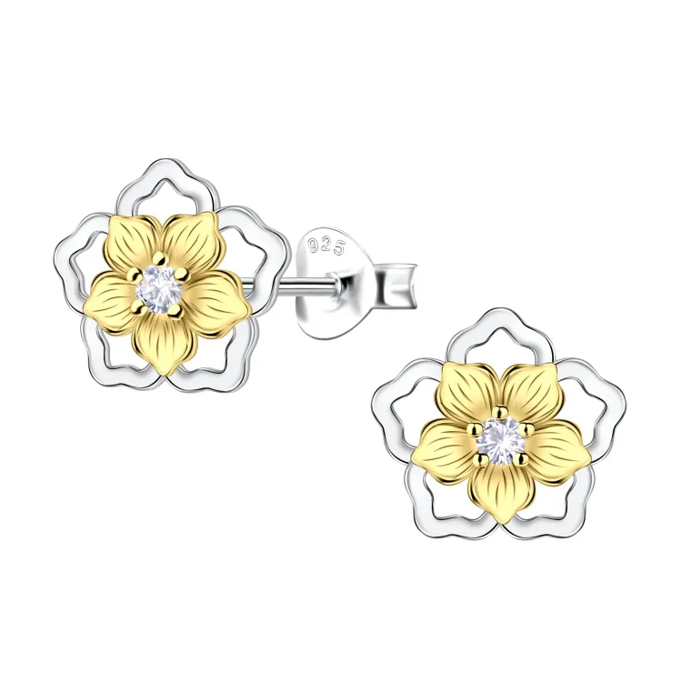 Blumen Zirkon Kinderohrringe in Silber mit vergoldetem Silber - Little Ones