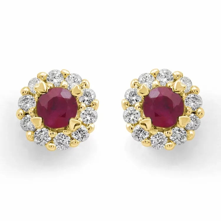 runden Rubin Diamantohrringe in 14 Karat Gold mit Rubin und Diamant 