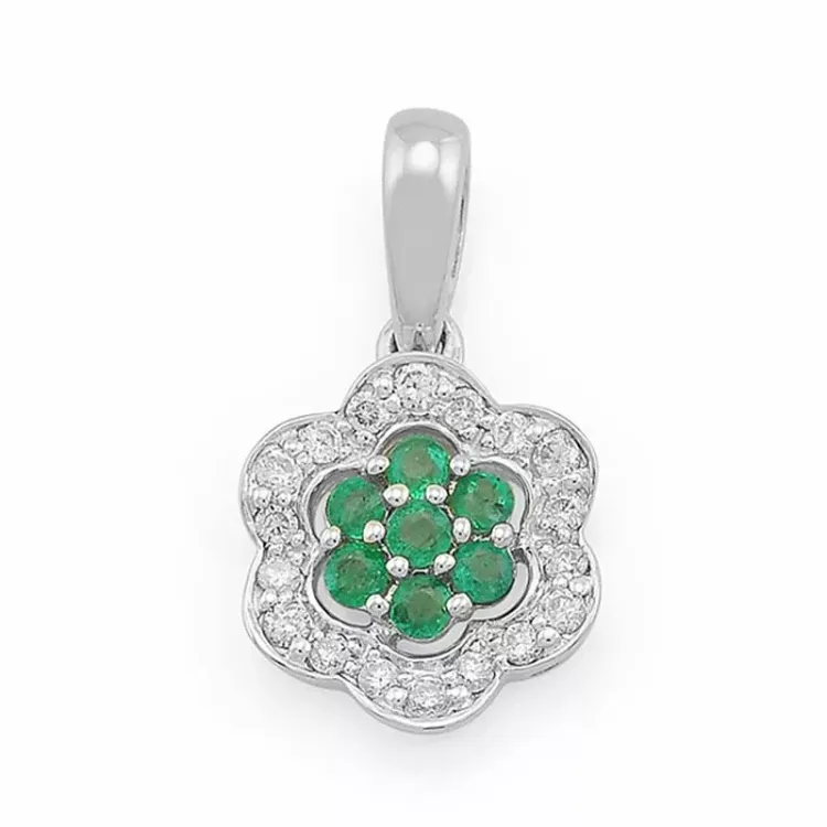 Blumen Smaragd Diamantanhänger in 14 karat Weißgold 0,11 ct 0,16 ct