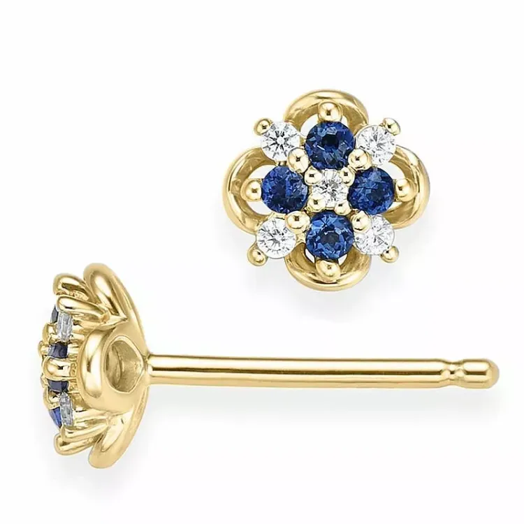 kleinen Blumen Saphir Diamantohrringe in 14 Karat Gold mit Diamant und Saphir