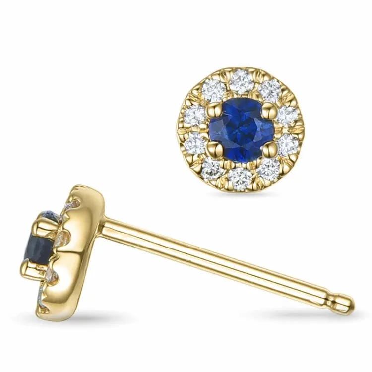 runden blauem Saphir Gold Ohrstecker in 14 Karat Gold mit Diamant und Saphir