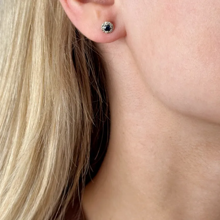 runden blauem Saphir Gold Ohrstecker in 14 Karat Gold mit Diamant und Saphir