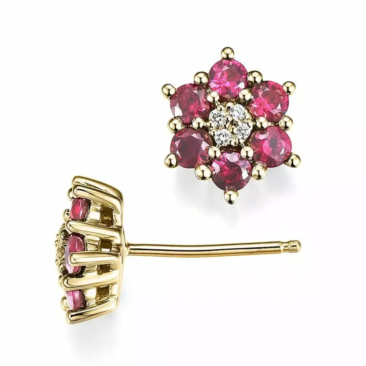 Blumen Diamantohrringe in 14 Karat Gold mit Diamant und Rubin