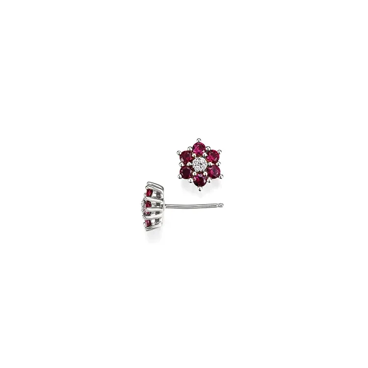 Blumen Diamantohrringe in 14 Karat Weißgold mit Diamant und Rubin
