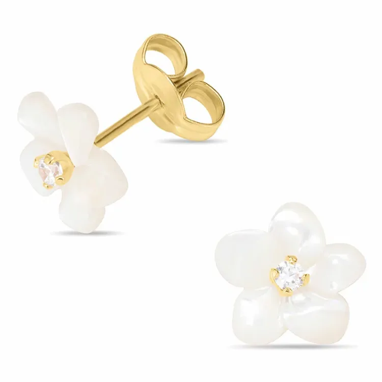 Blumen Ohrstecker in 9 Karat Gold mit Perlmutt und Zirkon - Gold Collection