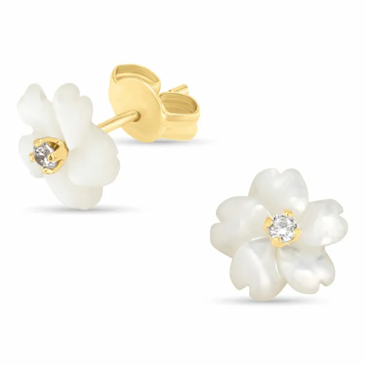 Blumen Ohrringe in 9 Karat Gold mit Zirkon und Perlmutt - Gold Collection