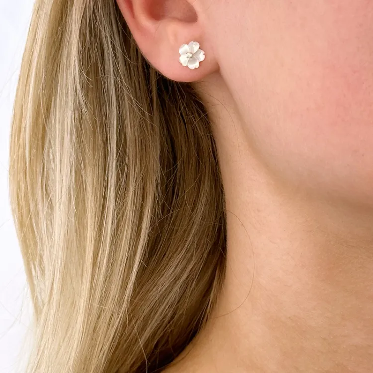 Blumen Ohrringe in 9 Karat Gold mit Zirkon und Perlmutt - Gold Collection