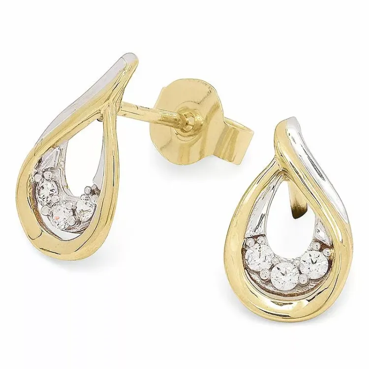 Bezaubernder tropfenförmiger Goldohrstecker in 9 Karat Gold mit Rhodium mit Zirkonen