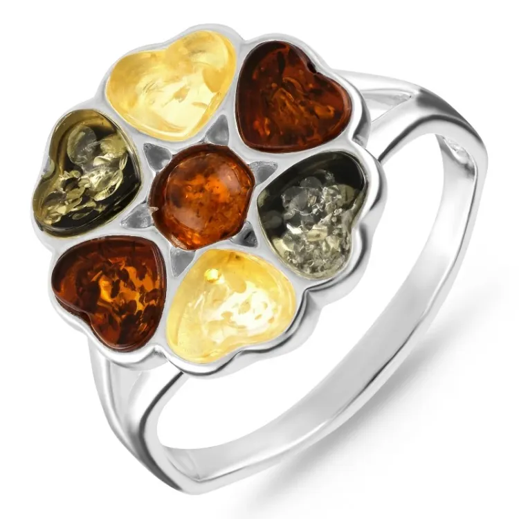 Blumen Bernstein Ring aus Silber