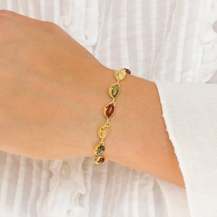 Elegant mehrfarbigem Bernstein Armband aus vergoldetem Sterlingsilber