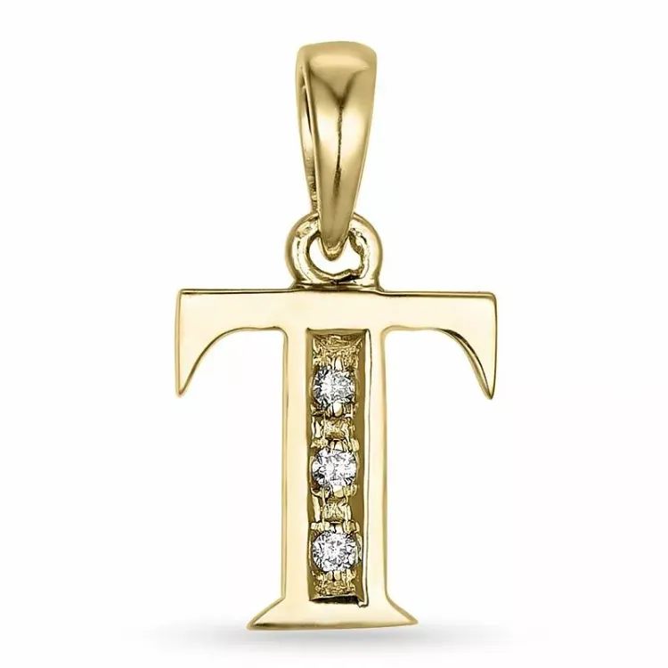 Buchstab t diamant anhänger in 9 karat gold 0,02 ct