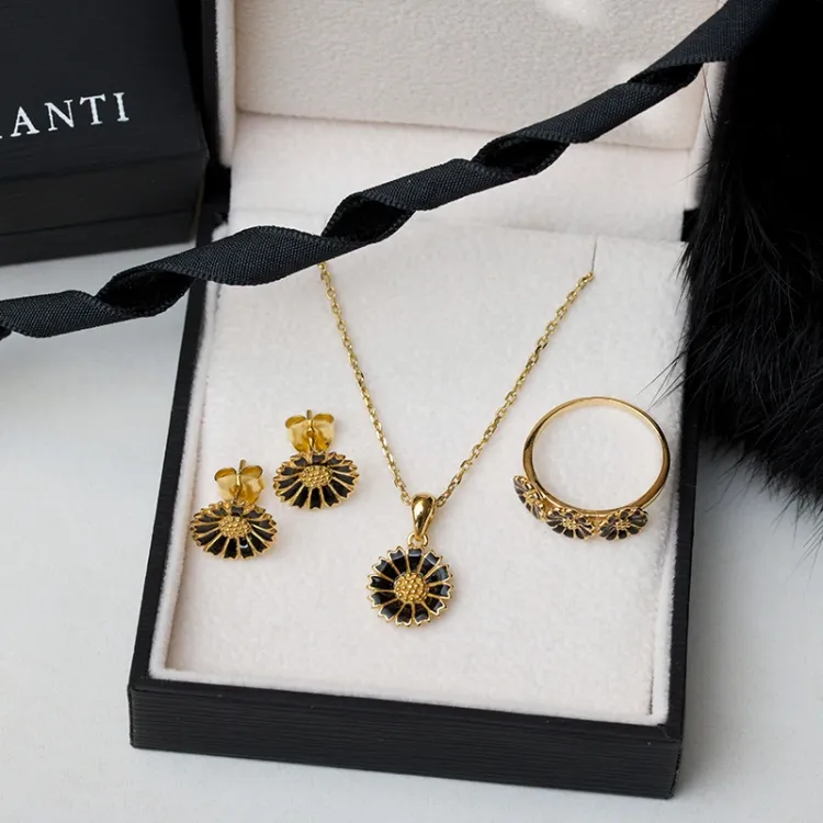 11 mm Marguerite schwarz Anhänger aus vergoldetem Sterlingsilber - Marie