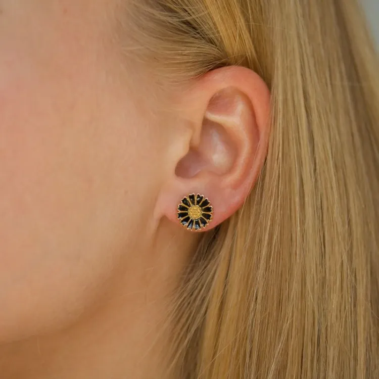 11 - 12 MM Marguerite schwarzem Ohrstecker in vergoldetem Silber - Marie
