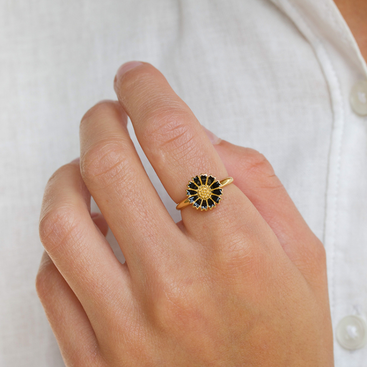 12 mm Marguerite schwarz Ring aus vergoldetem Sterlingsilber - Marie