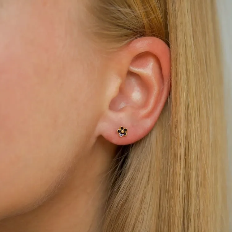 5 mm Marguerite schwarzem Ohrstecker in vergoldetem Silber - Majse