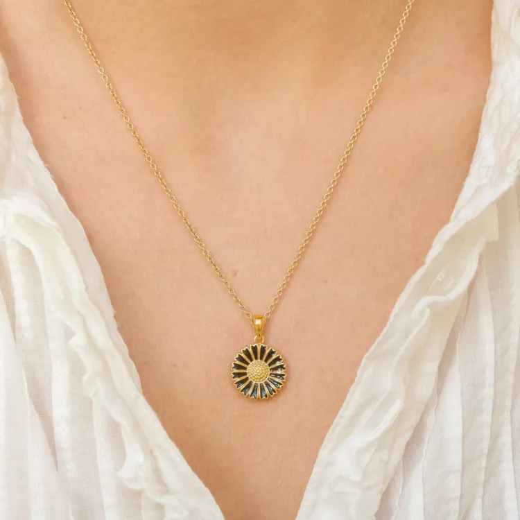 15 mm Marguerite schwarz Halskette mit Anhänger aus vergoldetem Sterlingsilber - Marie