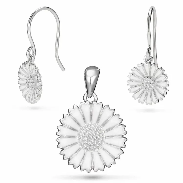 Marguerite Set mit Ohrringe und Anhänger in Silber weißem Emaille