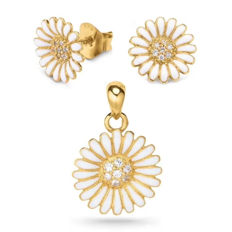 Marguerite Set mit Ohrringe und Anhänger in vergoldetem Sterlingsilber weißem Zirkon weißem Emaille - Matilda