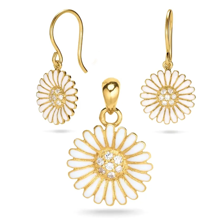 Marguerite Set mit Ohrringe und Anhänger in vergoldetem Sterlingsilber weißem Zirkon weißem Emaille - Matilda
