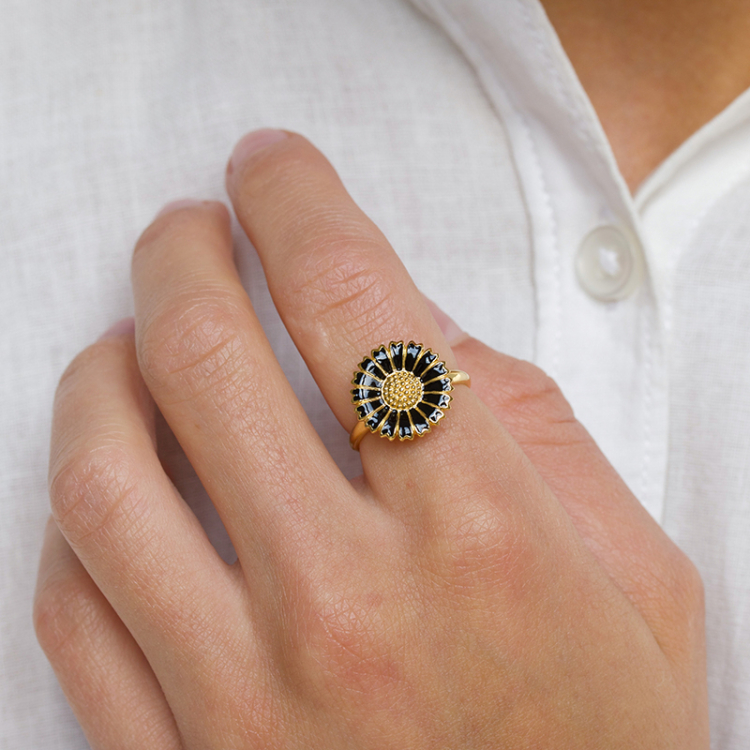 14 mm Marguerite schwarz Ring aus vergoldetem Sterlingsilber - Marie