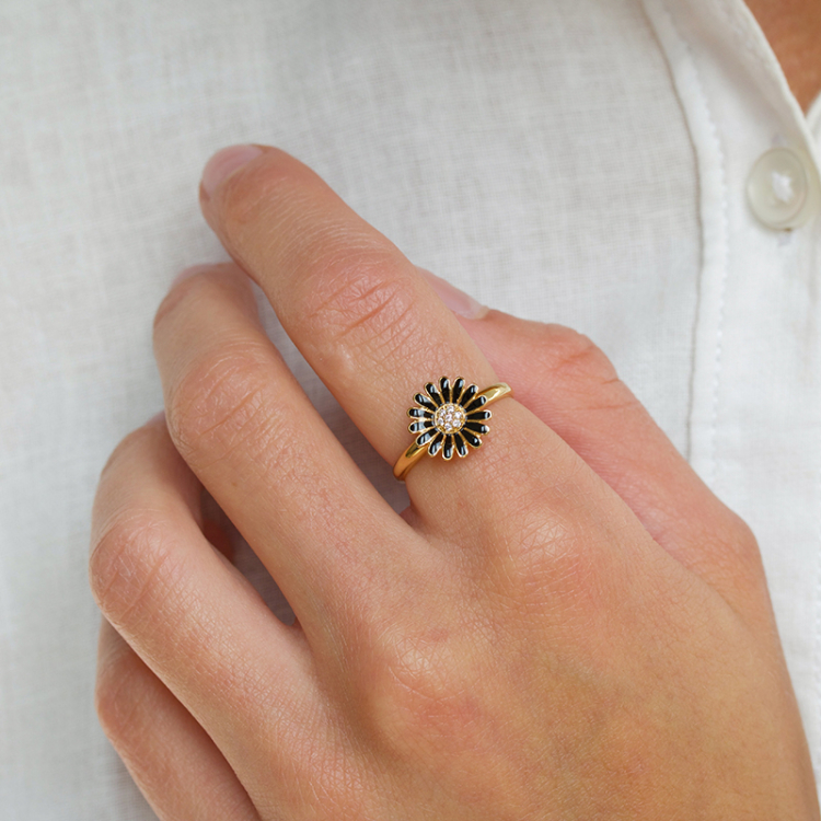 11 mm Marguerite schwarz Zirkon Ring aus vergoldetem Sterlingsilber - Matilda