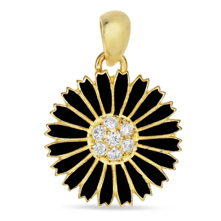 14 mm Marguerite schwarz Anhänger aus vergoldetem Sterlingsilber - Marie