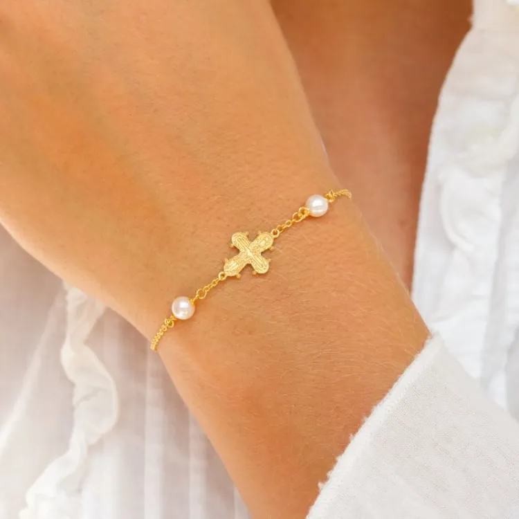 12 x 10,5 mm Dagmarkreuz Perle Armband aus vergoldetem Sterlingsilber - Amoré