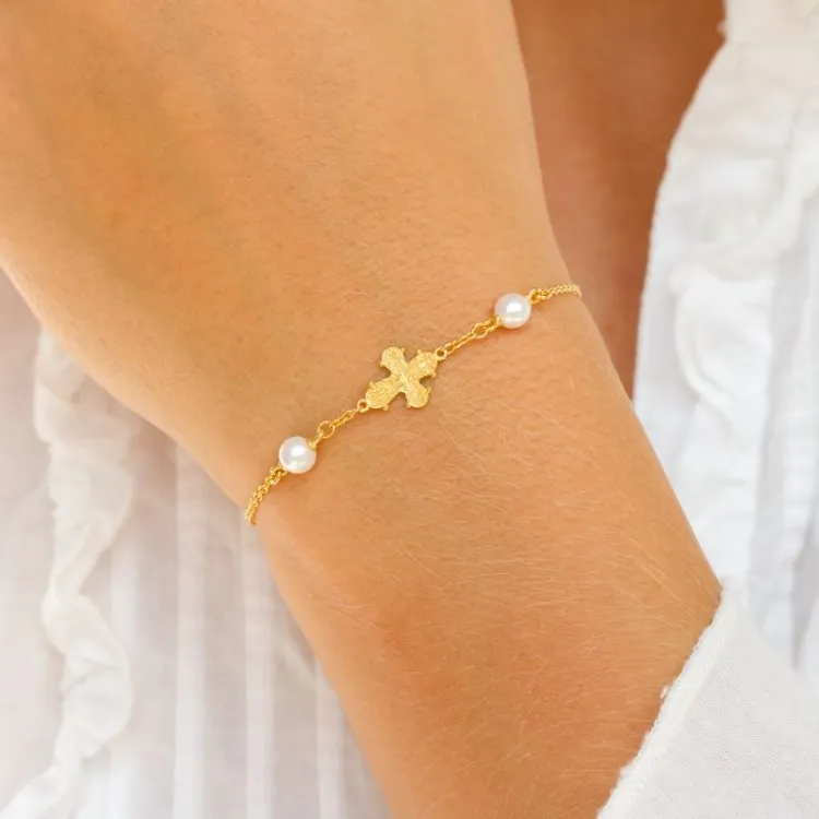 10 x 8,5 mm Dagmarkreuz Perle Armband aus vergoldetem Sterlingsilber - Amoré