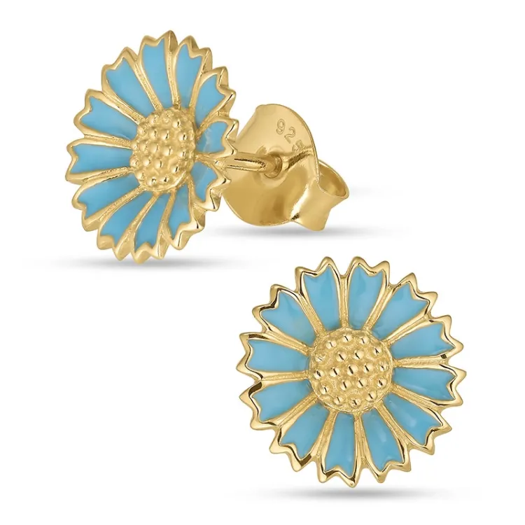11 mm Marguerite blauem Ohrstecker in vergoldetem Sterlingsilber - Marie