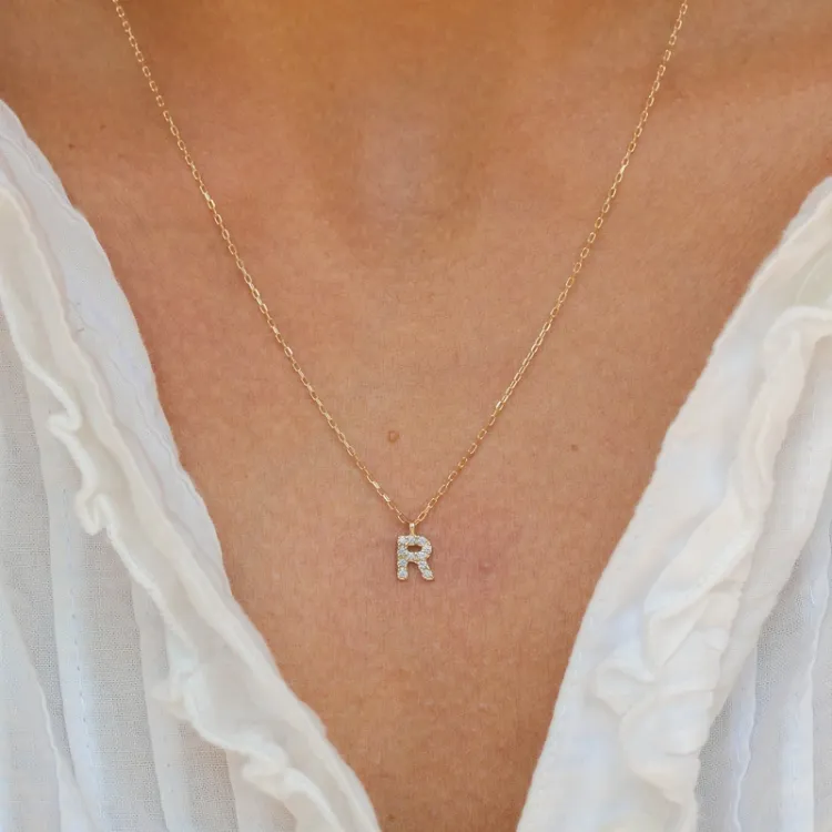 buchstab r Zirkon Halskette mit Anhänger aus 8 Karat Gold - My Letter