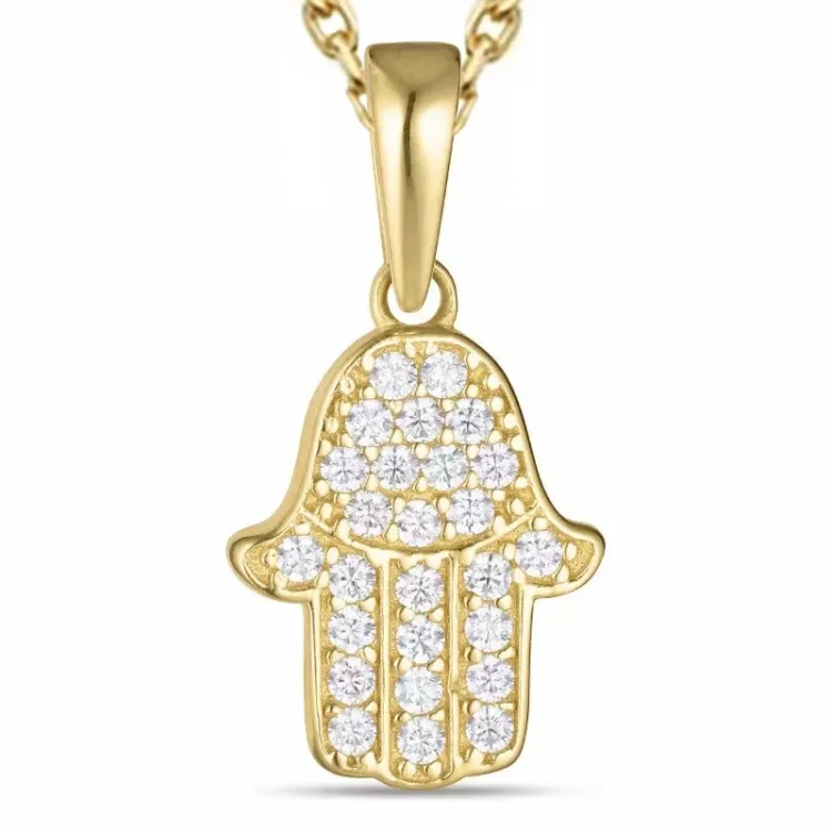 Hamsas Hand Zirkon Halskette aus vergoldetem Sterlingsilber und Anhänger aus 9 Karat Gold - Gold Collection