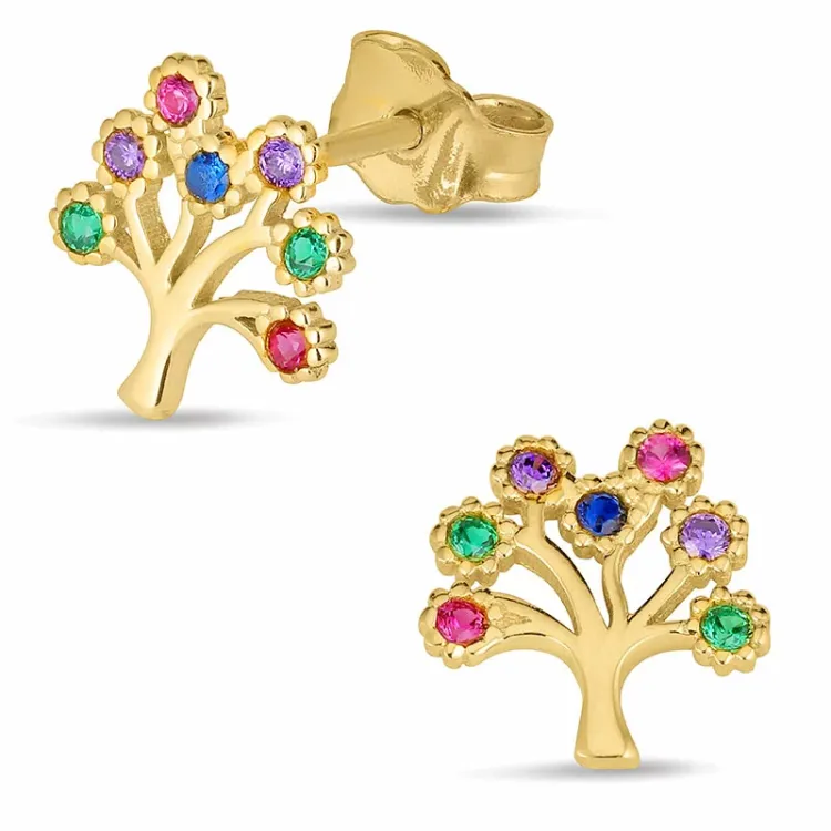 Lebensbaum mehrfarbigen Ohrstecker in 8 Karat Gold mit Zirkon - Gold Collection