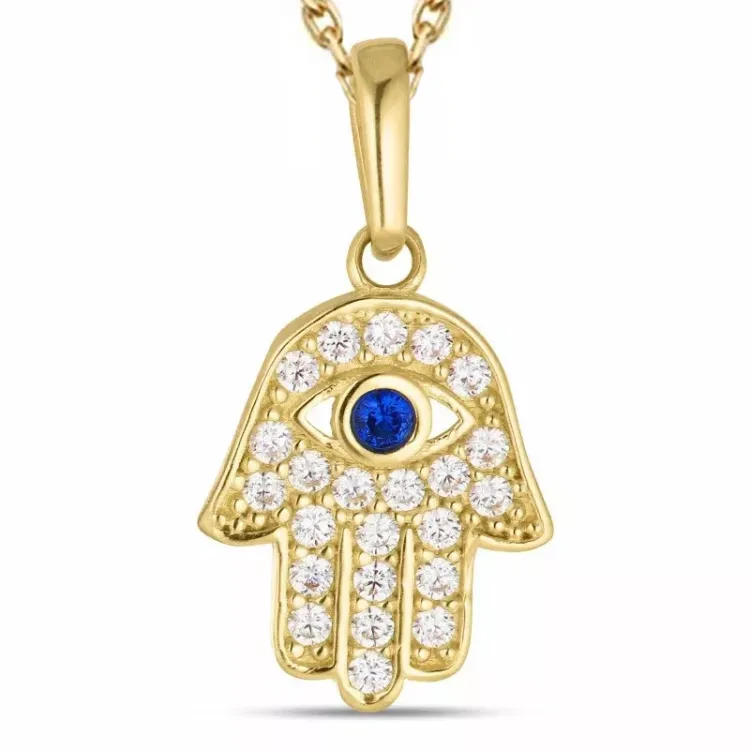 Hamsas Hand Zirkon Halskette aus vergoldetem Sterlingsilber und Anhänger aus 8 Karat Gold - Gold Collection