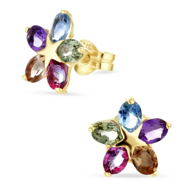 Stern mehrfarbigen Ohrstecker in 9 Karat Gold mit Zirkon - Gold Collection