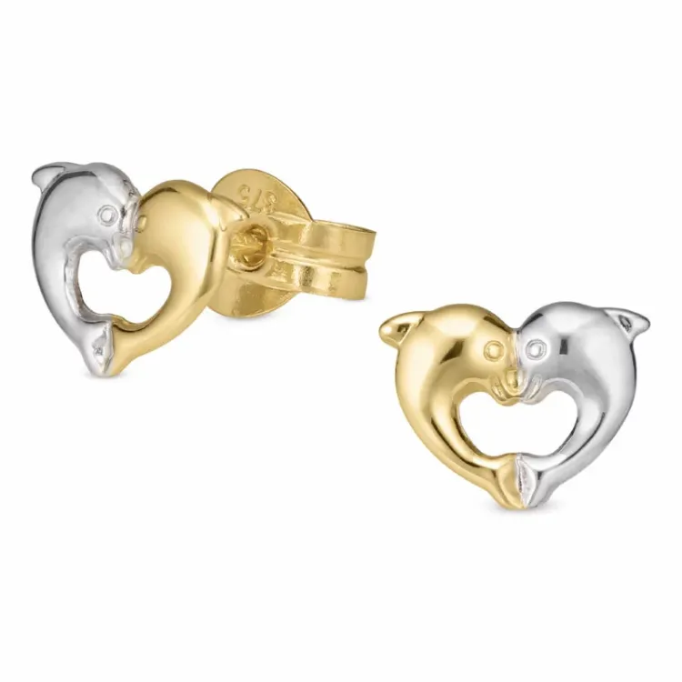 Herz Delfin Ohrstecker in 9 Karat Gold und Weißgold - Gold Collection