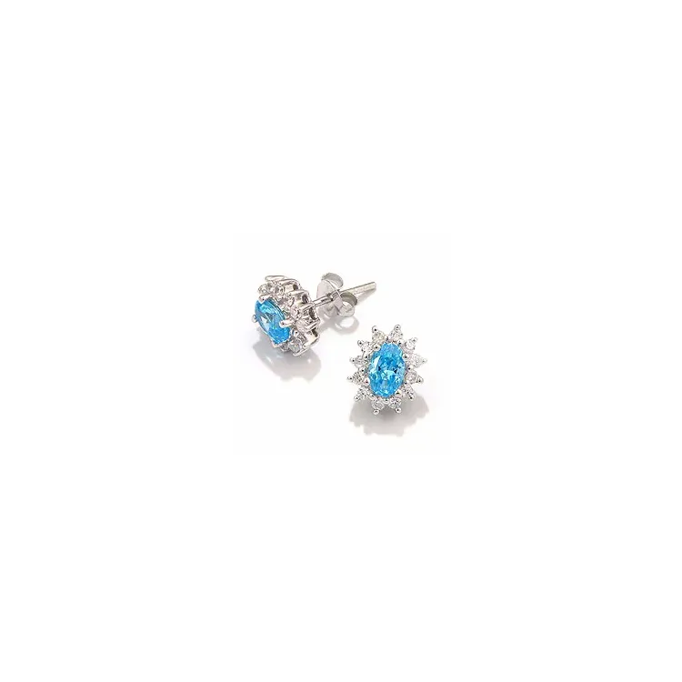 Rosette blauem Zirkon Ohrstecker in rhodiniertem Silber