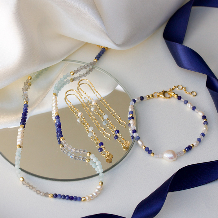 lange blauem ketten ohrringe in vergoldetem Sterlingsilber - Loom Stones