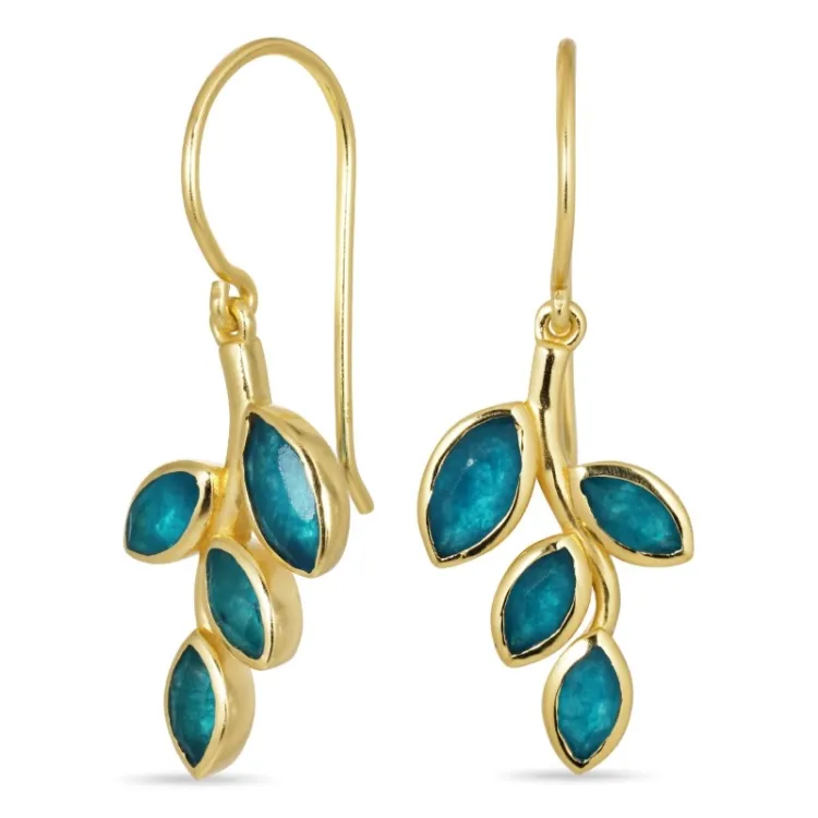 Blatt blauem Jadestein Ohrringe in vergoldetem Silber - Loom Stones