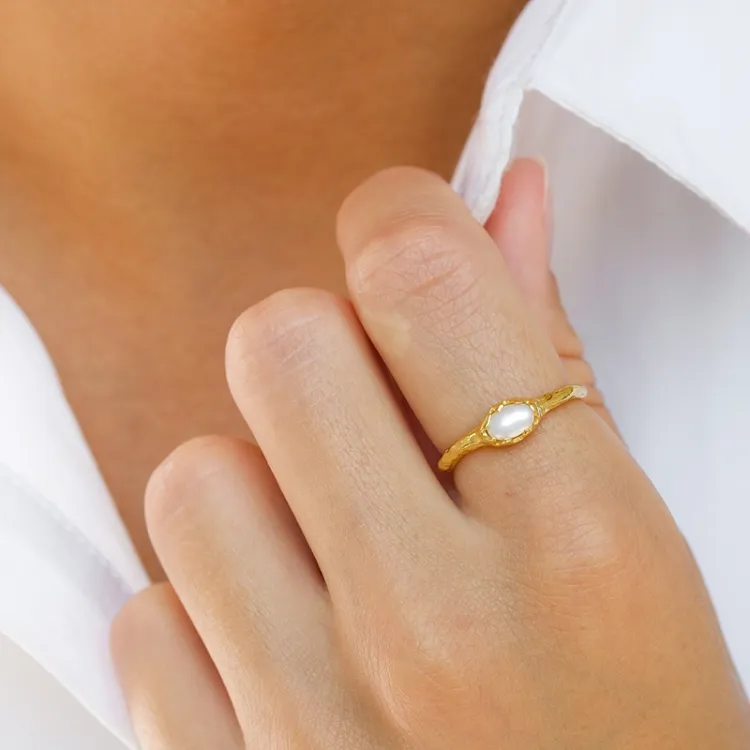weißem Perle Ring aus vergoldetem Sterlingsilber - Lumé Etched