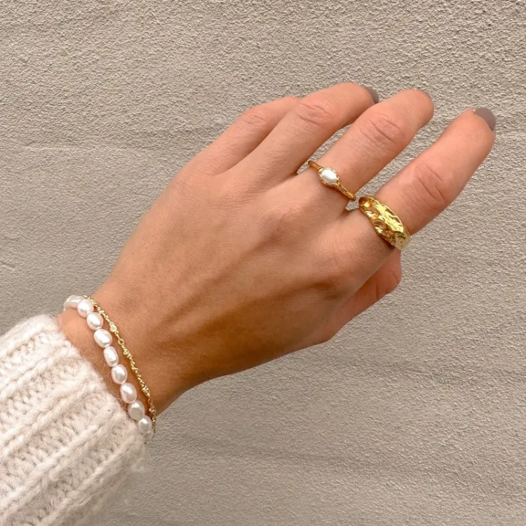 weißem Perle Ring aus vergoldetem Sterlingsilber - Lumé Etched