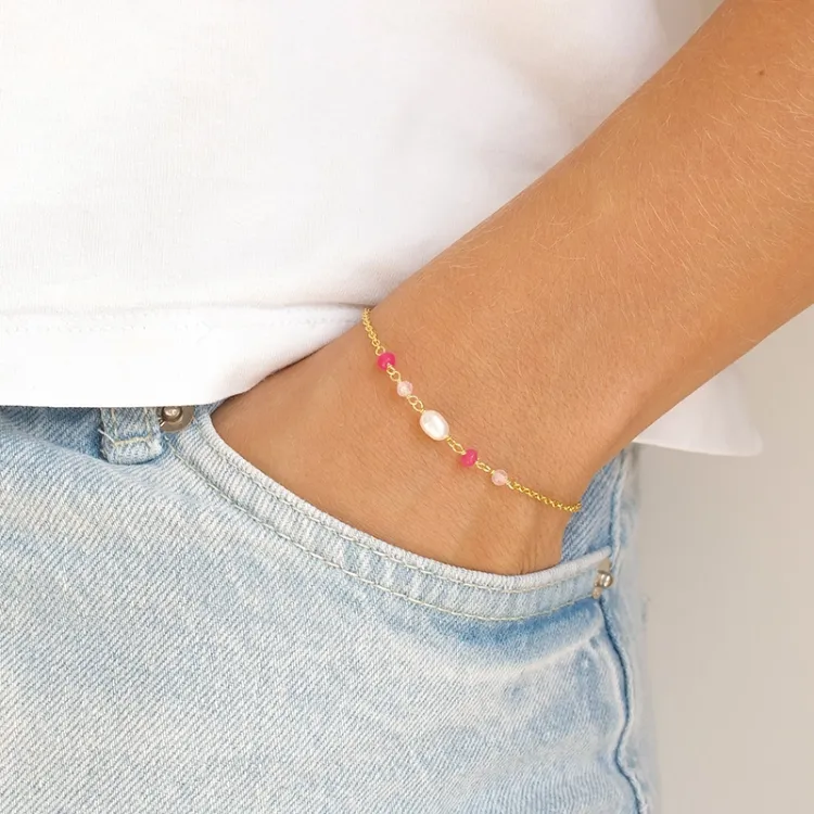 pink Onyxe Armband aus vergoldetem Sterlingsilber 16 + 3 cm x 4,4 mm  - Loom Stones