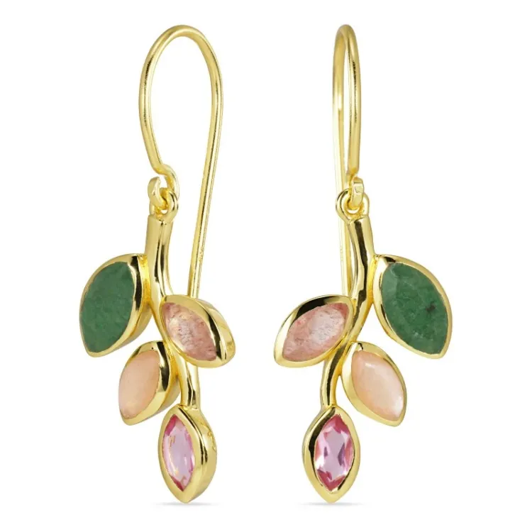 Blatt pink Bergkristall Ohrringe in vergoldetem Silber - Loom Stones