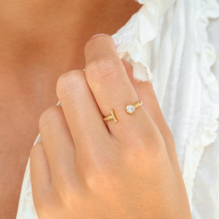 buchstab i Zirkon Ring aus vergoldetes Messing