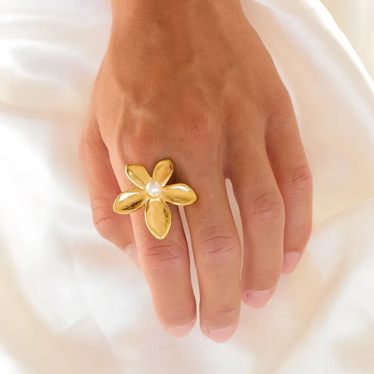 Wasserfest Blumen justierbar Ring aus vergoldetem Edelstahl - OCEANA