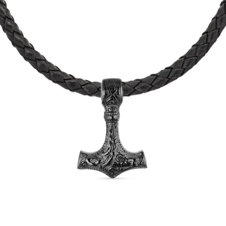 Wasserfest Thors Hammer Halskette aus Leder und Anhänger aus Schwarzer Stahl - OCEANA