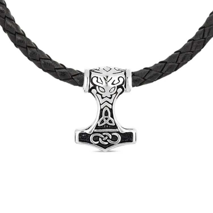 Wasserfest Thors Hammer Halskette aus Leder und Anhänger aus Stahl - OCEANA