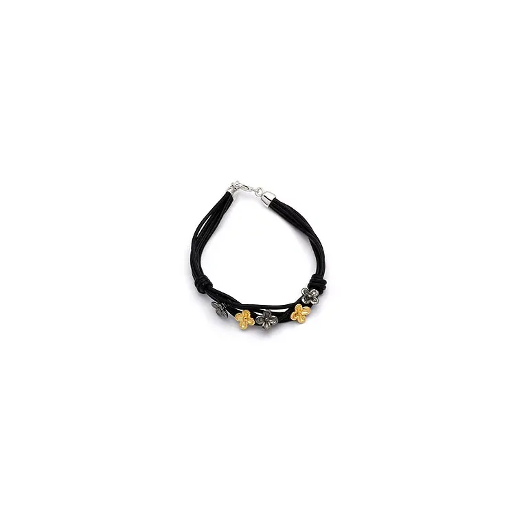 schwarz Armband aus Leder und Blumenanhänger aus vergoldetem und rhodiniertem Silber
