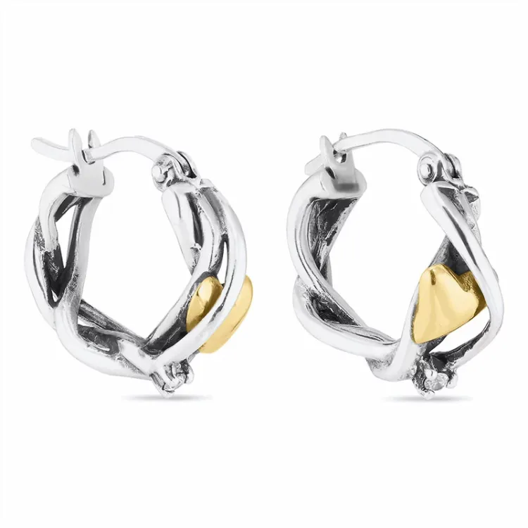 Herz Kreole in oxidiertem Silber mit 8 Karat Gold mit Zirkon