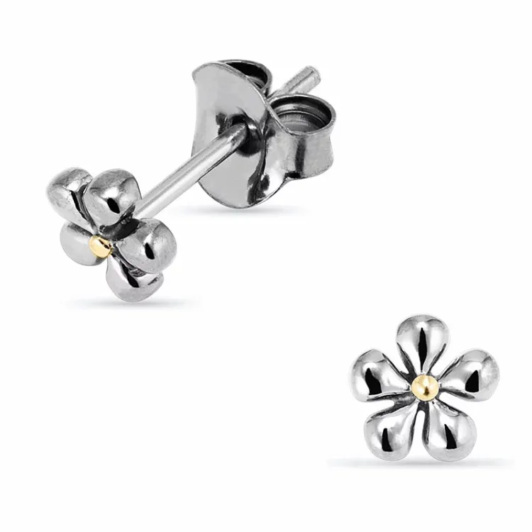 Dark Harmony Blumen Blumenohrringe in schwarzes rhodiniertes Silber mit vergoldetem Sterlingsilber